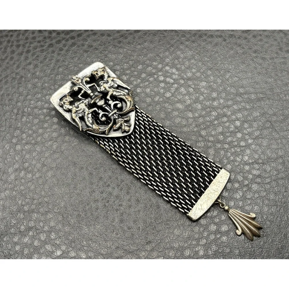 Vintage Silver Tone Ornate Baroque Mesh Brooch Pin with Shell Charm